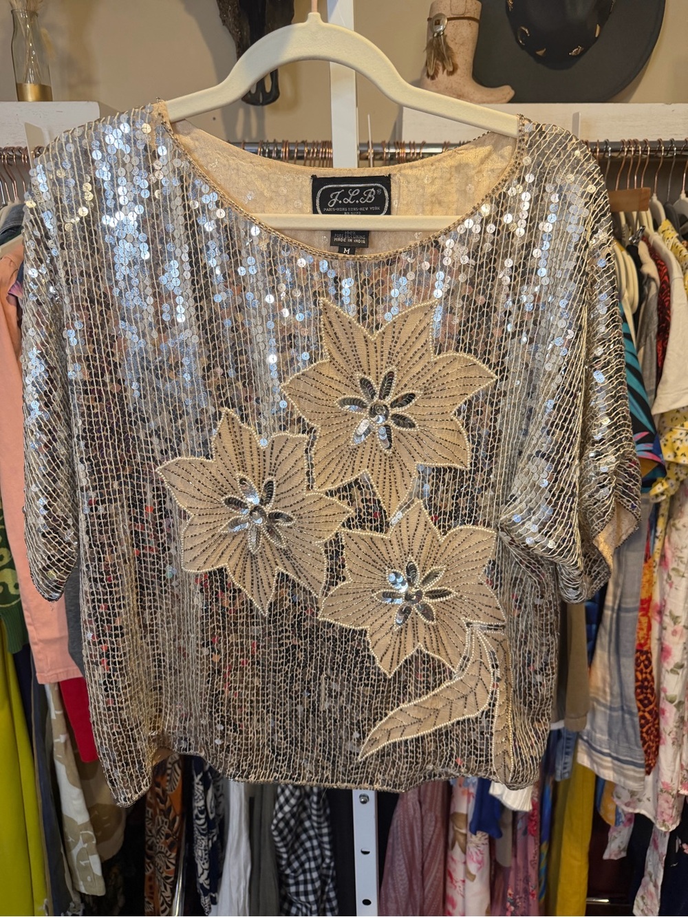 Vintage J.L.B. 100% Silk Sequin Beaded Floral Short Sleeve Blouse NWOT - Picture 3 of 7